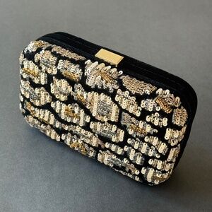 J. CREW Clutch Minaudiere Leopard Sequins Beads Detachable Chain Gold